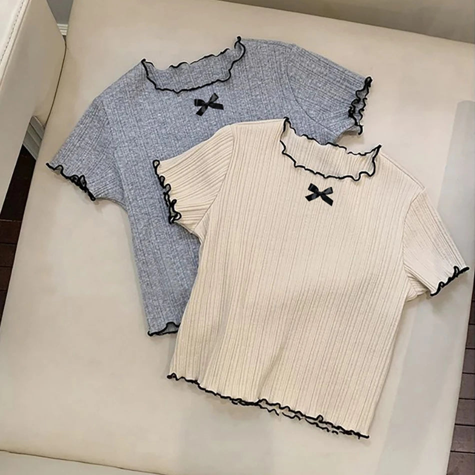Girls' Ice Silk T-shirt Korean Style Short Sleeve Tops Children's Clothes 2025 Girl Summer Teen Kids Bow Round Neck Solid Tops
