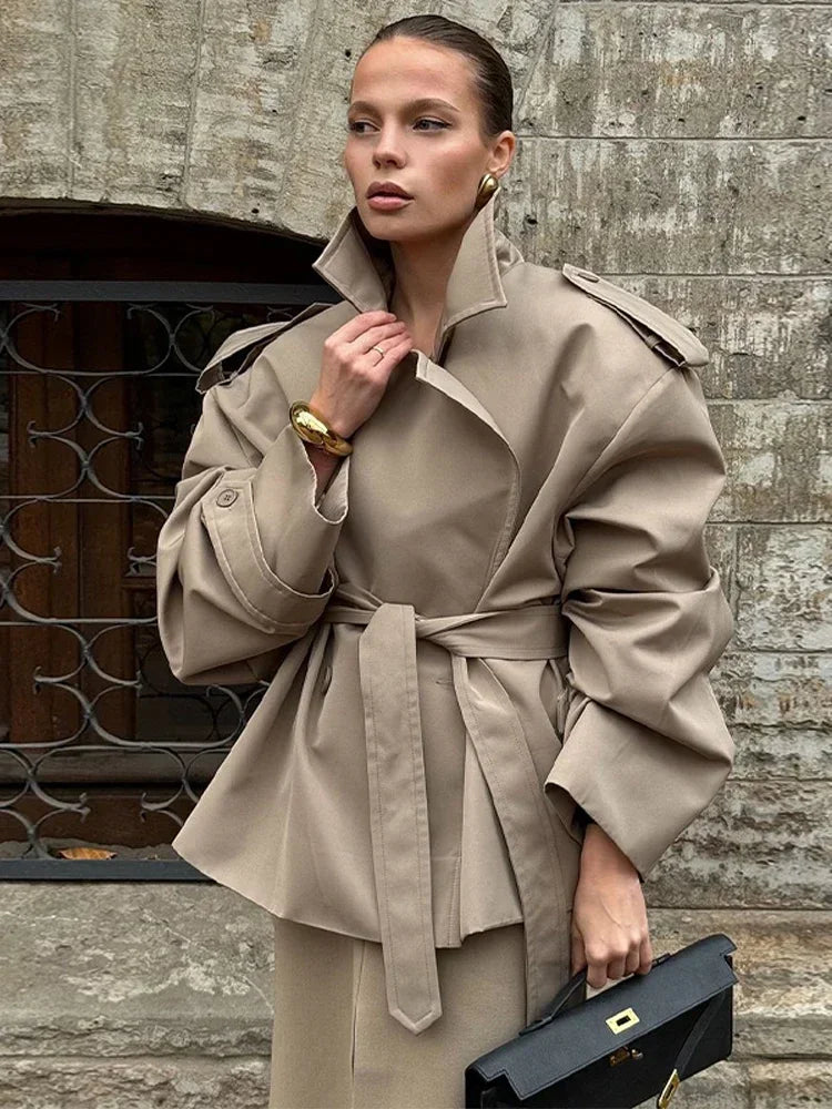 Solid Belted Waist Short Trench Coat Women Chic Wide Lapel Epaulet Detail Loose Long Sleeve Coats Fall Daily Commuter Outerwear