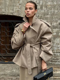 Solid Belted Waist Short Trench Coat Women Chic Wide Lapel Epaulet Detail Loose Long Sleeve Coats Fall Daily Commuter Outerwear