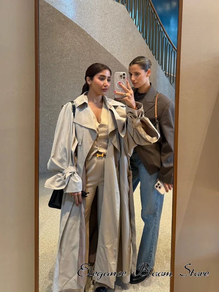 Women Casual Lace Up Long Trench Coat Chic Solid Color Full Sleeve Lapel Windbreaker 2026 Fall New Fashion Loose Commute Jackets
