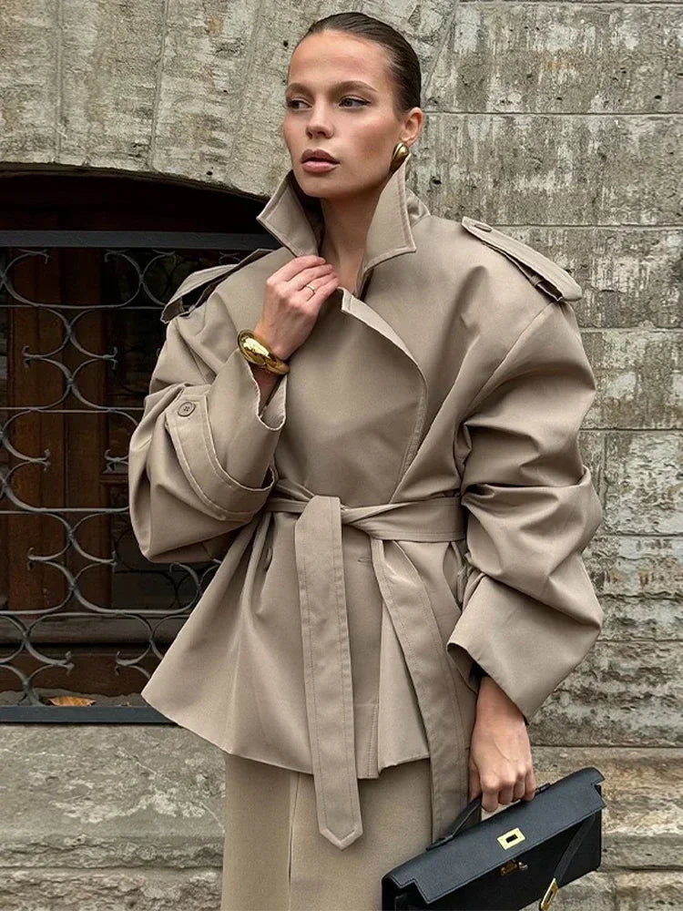 Women's Solid Cropped Trench Coat Elegant Lapel Collar Long Sleeve Belted Wrap Jackets Casual Streetwear 2026 Spring Fall Wear
