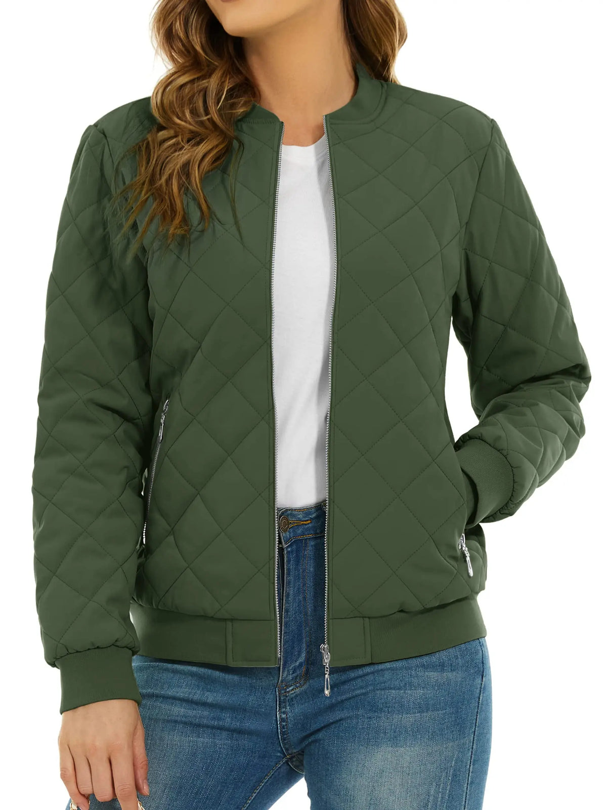 TACVASEN Padded Warm Jackets Womens Fashion Retro Pilot Jacket Diamond Quilted Coats Full Zip Up Pockets Casual Outwear