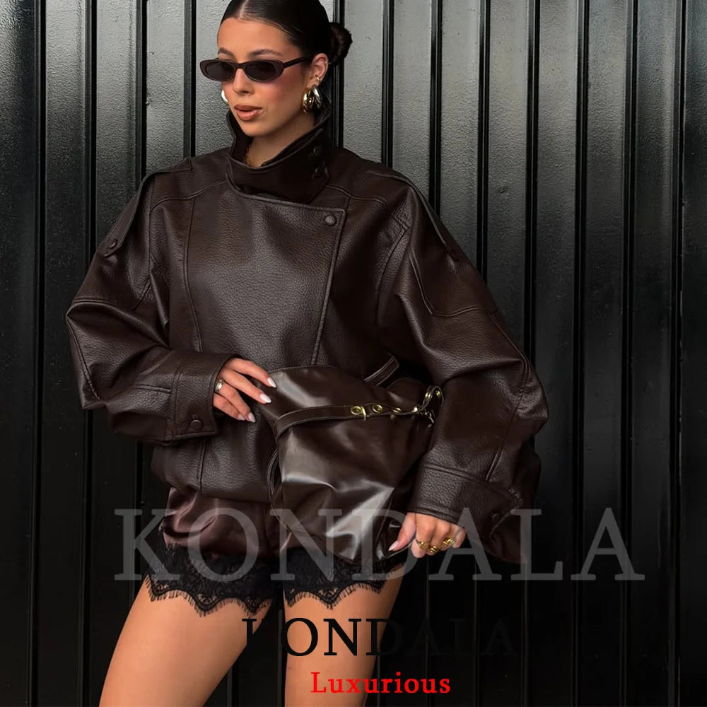 KONDALA Casual Chic Black Leather Jackets Women Long Sleeve Buttons Elastic Oversized Coats Fashion 2026 Spring Streetwear Coats