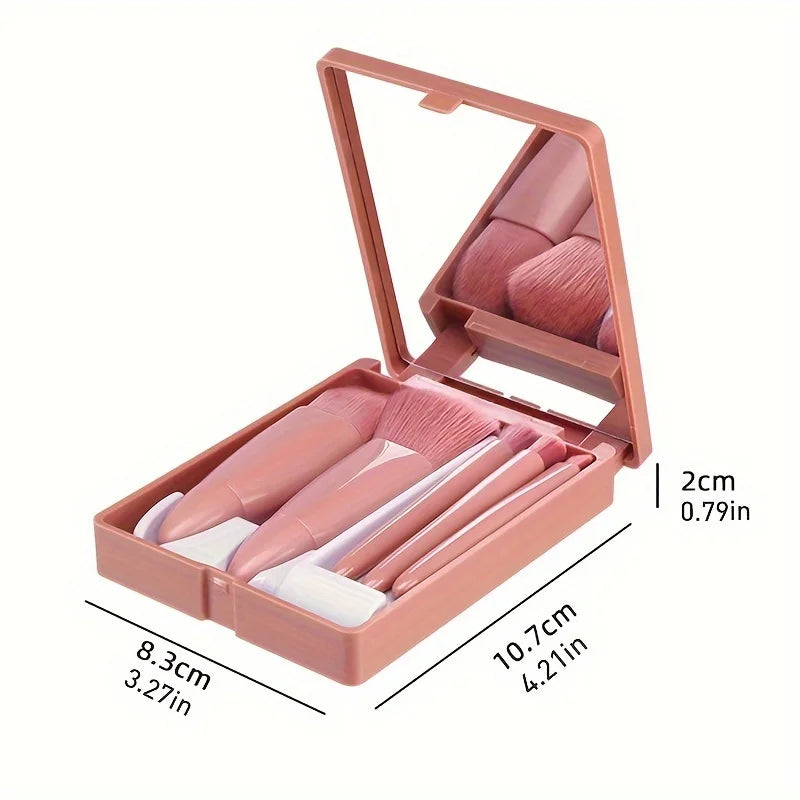 Mini 5-Piece Portable Makeup Brush Set With Mirror - Makeup Brush Travel Set, Eyeshadow Brush Tool