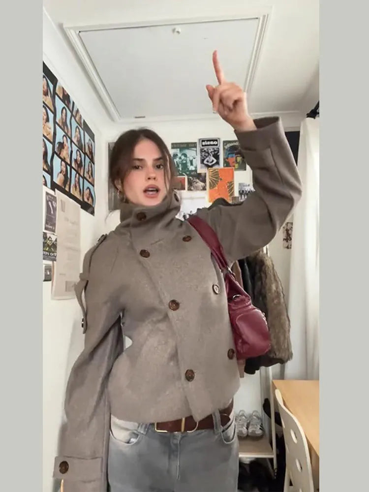 Elegant Solid Woolen Coats Women Solid Full Sleeve Double Breasted Loose Stand Collar Jackets Female 2026 Spring Lady Outwears