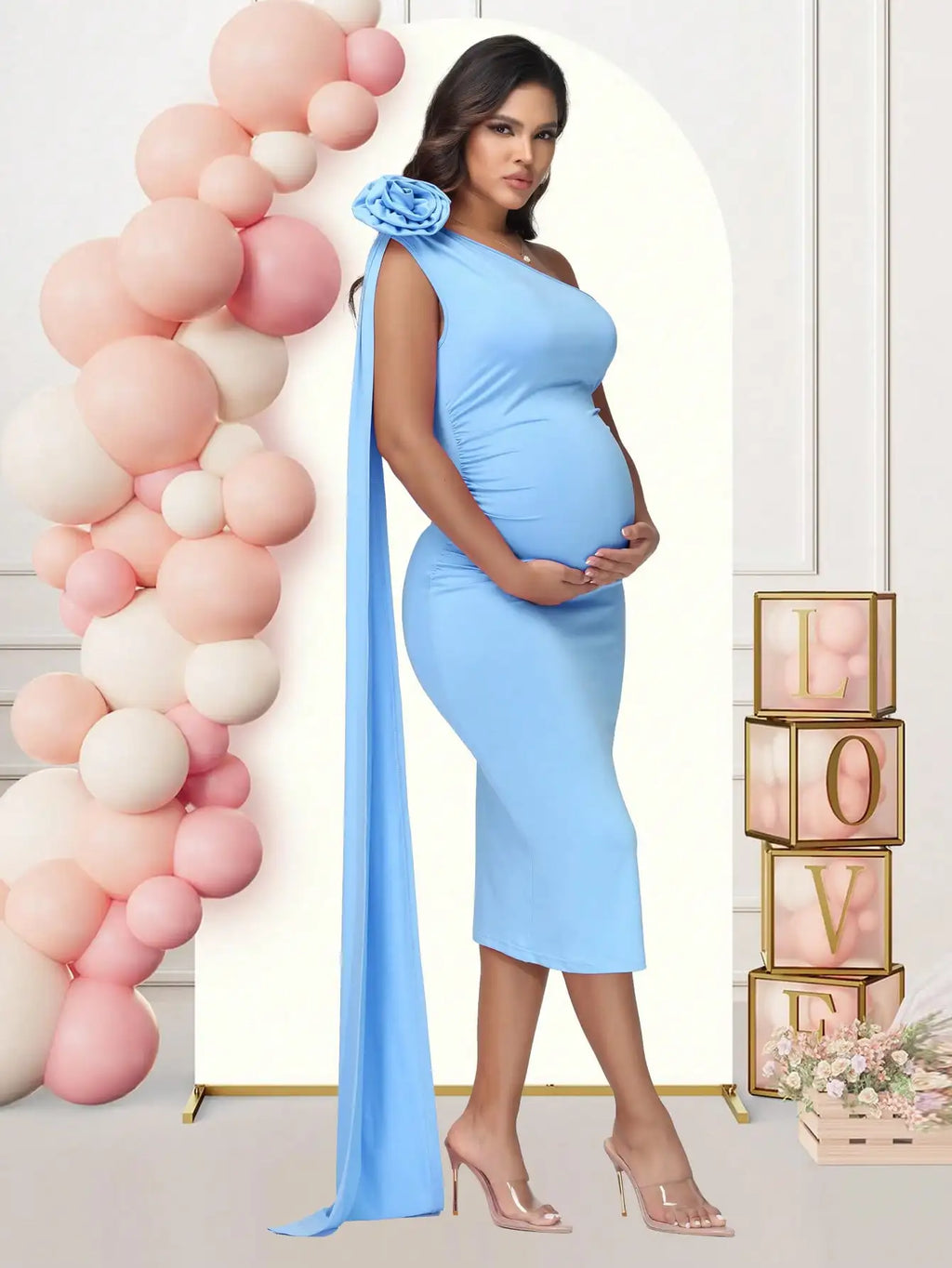 Maternity One Shoulder 3D Floral Floating Sleeve Bodycon Summer Midi Dress for Baby Shower Photoshoot