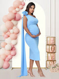 Maternity One Shoulder 3D Floral Floating Sleeve Bodycon Summer Midi Dress for Baby Shower Photoshoot