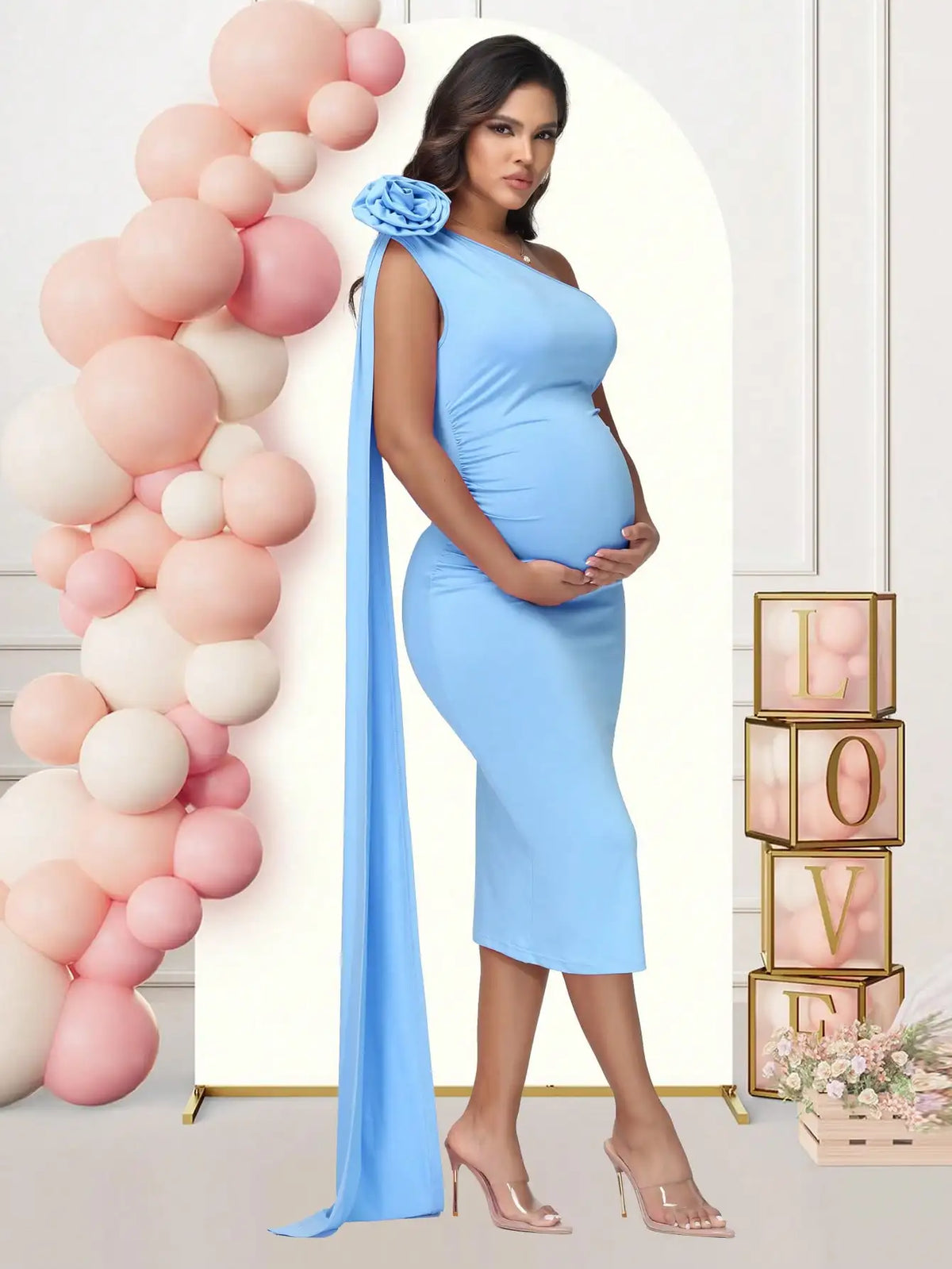 Maternity One Shoulder 3D Floral Floating Sleeve Bodycon Summer Midi Dress for Baby Shower Photoshoot