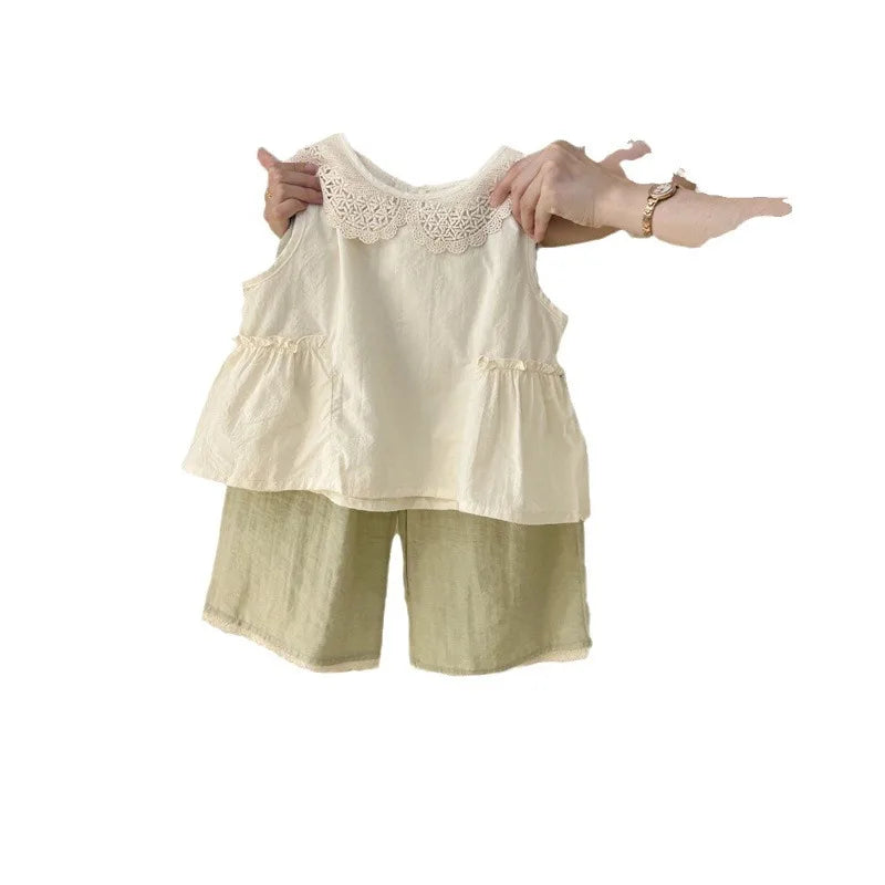 6142 Children Suit 2025 Summer Hot Sale Girl's Two Piece Suit Lace Collar Vest +Pants Casual Set 80-130CM