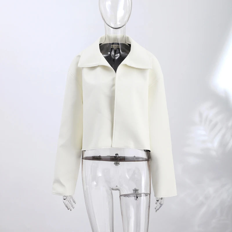 Fashion Loose Solid Coat Women Street White Pu Leather Full Sleeve Stand Collar Jackets Female 2026 Summer Autumn Lady Outerwear
