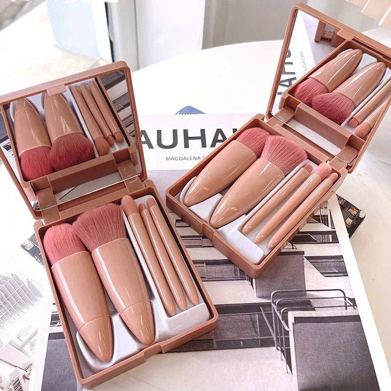 Mini 5-Piece Portable Makeup Brush Set With Mirror - Makeup Brush Travel Set, Eyeshadow Brush Tool