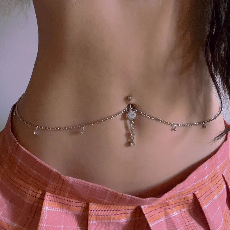 Chaîne de Taille Strass Zircon & Anneau Piercing Nombril – Bijou Body Chain Tendance