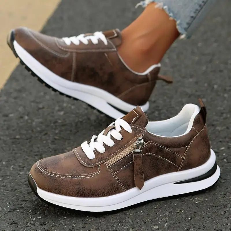 Spring Brown Leather Platform Sneakers Women Comfortable Lace Up Thick Sole Sports Shoes Woman Casual Slip On Vulcanize Shoes