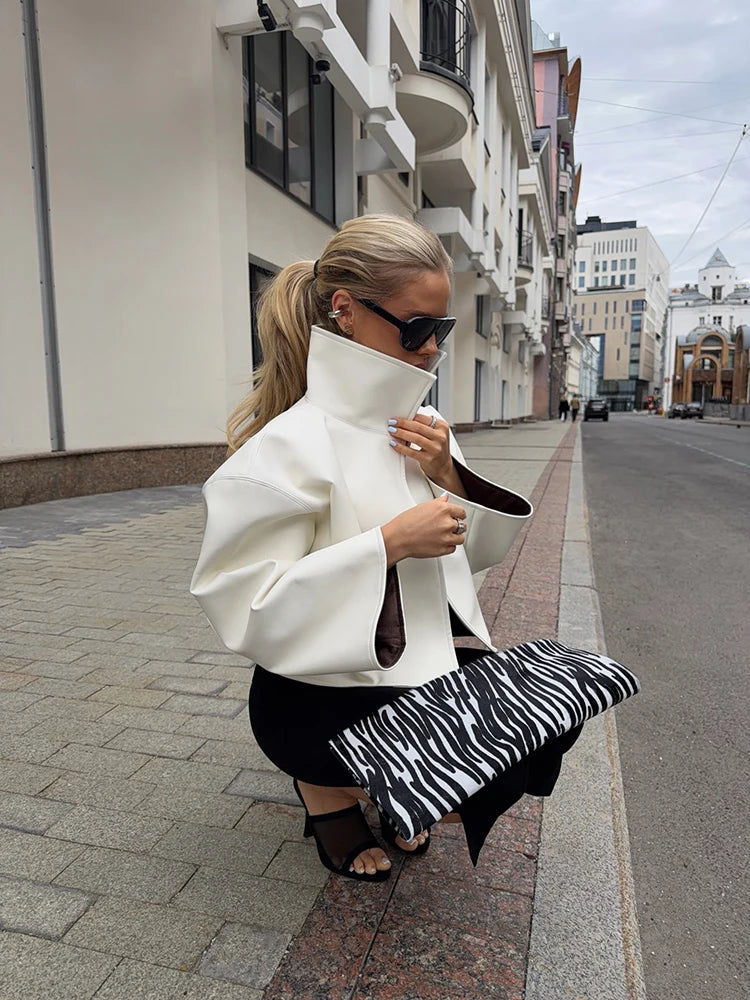 Fashion Loose Solid Coat Women Street White Pu Leather Full Sleeve Stand Collar Jackets Female 2026 Summer Autumn Lady Outerwear