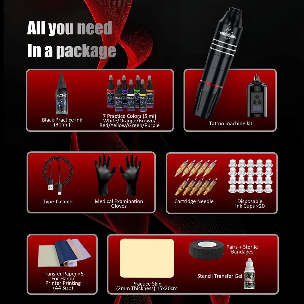 YILONG Tattoo Kit Professional Tattoo Pen Kit For Permanent Makeup Tattoo Machine Kit Wireless Power Supply Tattoo Gun Kit