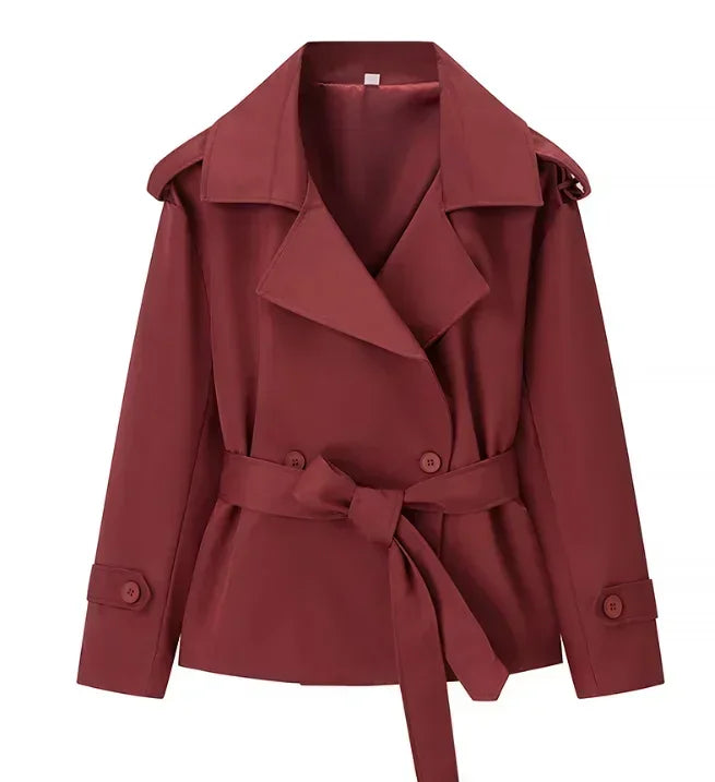 Women's Solid Cropped Trench Coat Elegant Lapel Collar Long Sleeve Belted Wrap Jackets Casual Streetwear 2026 Spring Fall Wear