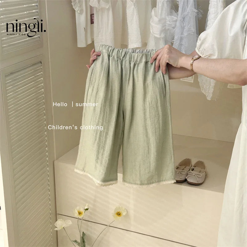 6142 Children Suit 2025 Summer Hot Sale Girl's Two Piece Suit Lace Collar Vest +Pants Casual Set 80-130CM