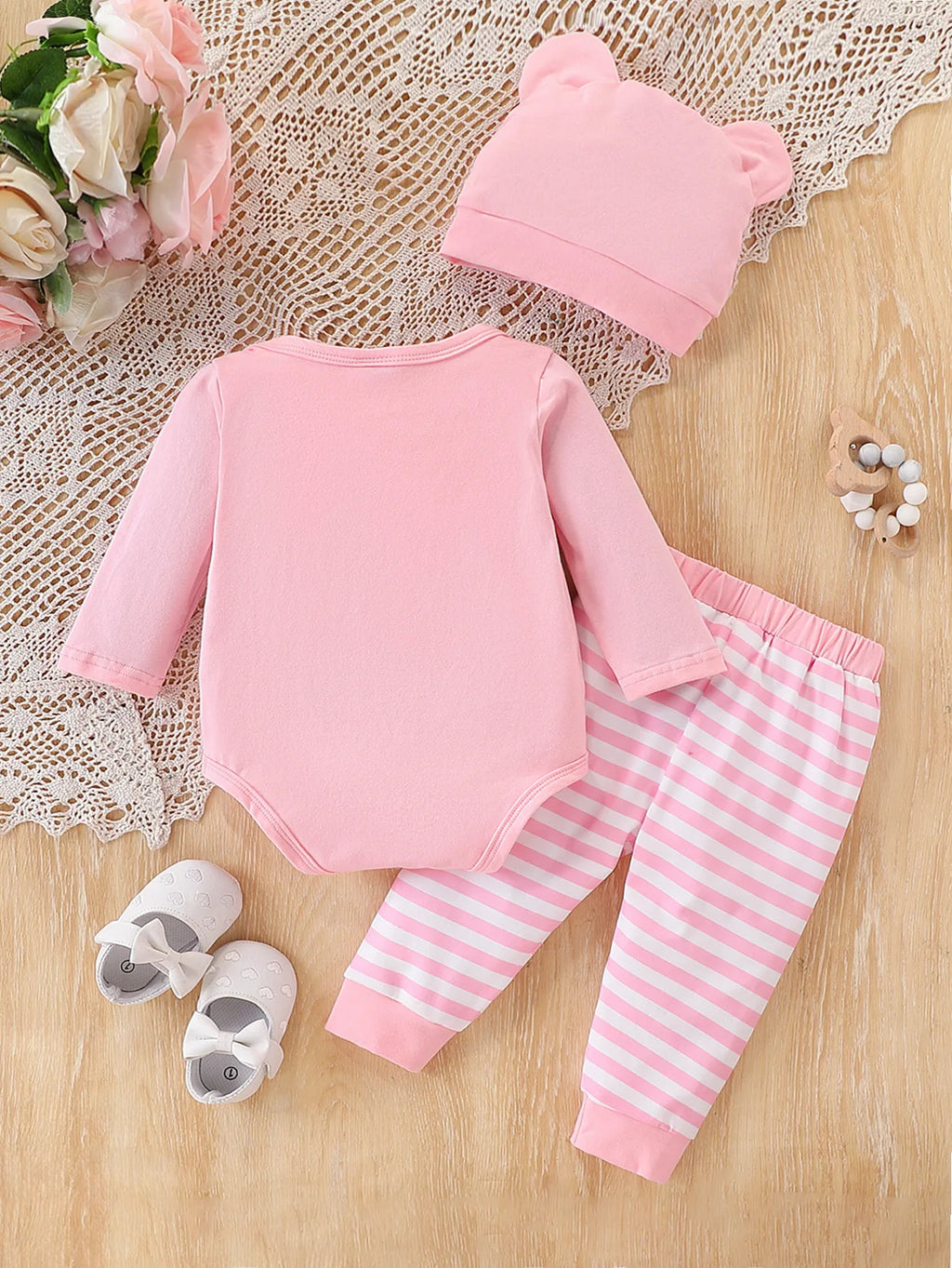 Baby Koala Print Set: Pink Romper + Striped Pants + Animal Hat Three-Piece Set, Autumn and Winter Outing Outfit for Baby Girls