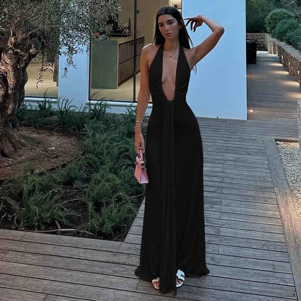Robe Cintrée Col V Profond Femme – Couleur Unie, Style Européen Élégant