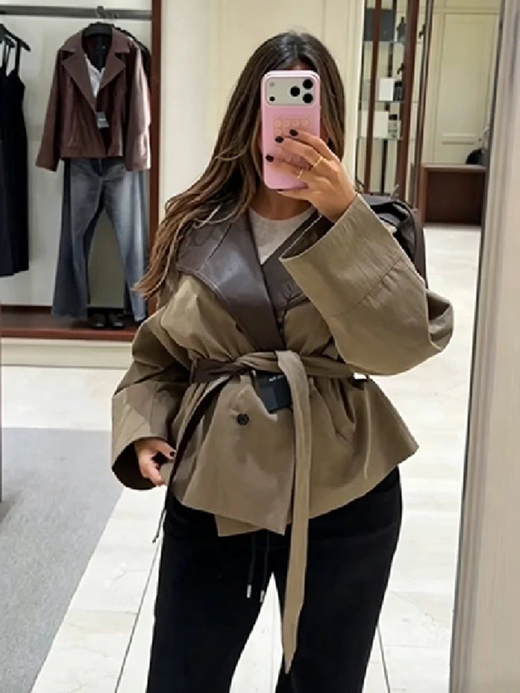 Women Cropped Trench Coat Faux Leather Spliced Epaulets Belted Waist Loose Fit Khaki Short Jacket Vintage 2026 Ladies Outerwear