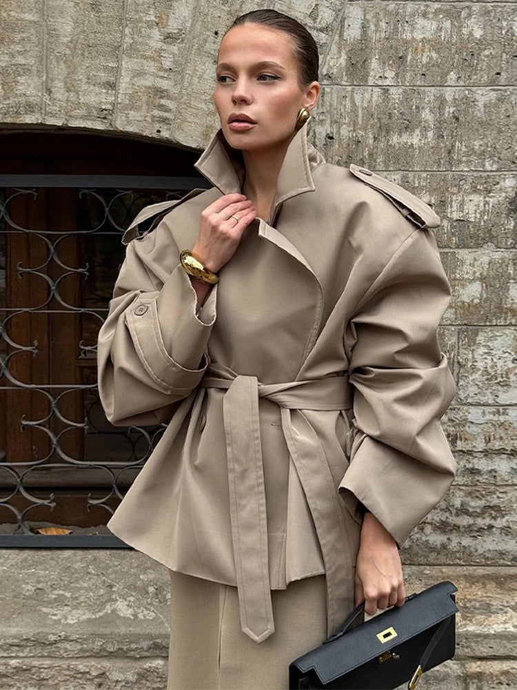 Solid Belted Waist Short Trench Coat Women Chic Wide Lapel Epaulet Detail Loose Long Sleeve Coats Fall Daily Commuter Outerwear