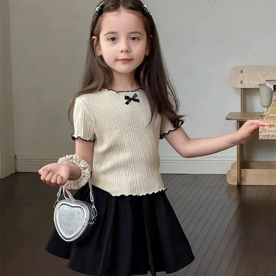 Girls' Ice Silk T-shirt Korean Style Short Sleeve Tops Children's Clothes 2025 Girl Summer Teen Kids Bow Round Neck Solid Tops