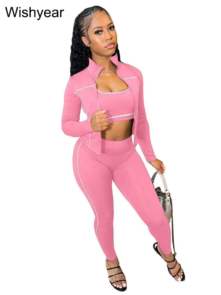 Ensemble 3 Pièces Femme Rose À Rayures – Veste, Soutien-Gorge & Legging, Style Sport Chic