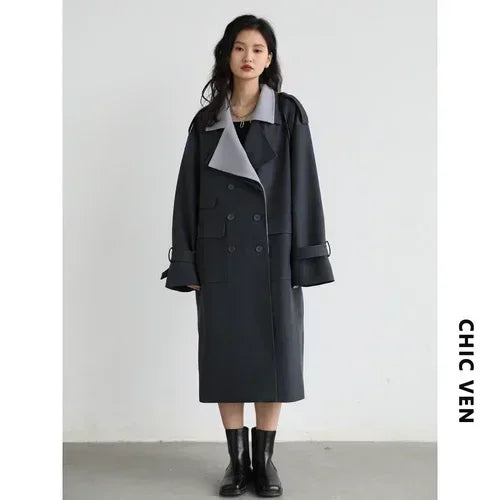CHIC VEN Women Trench Coat Solid Loose Contrast Double Collar Double Breasted Long Female Windbreaker Office Lady Spring Autumn