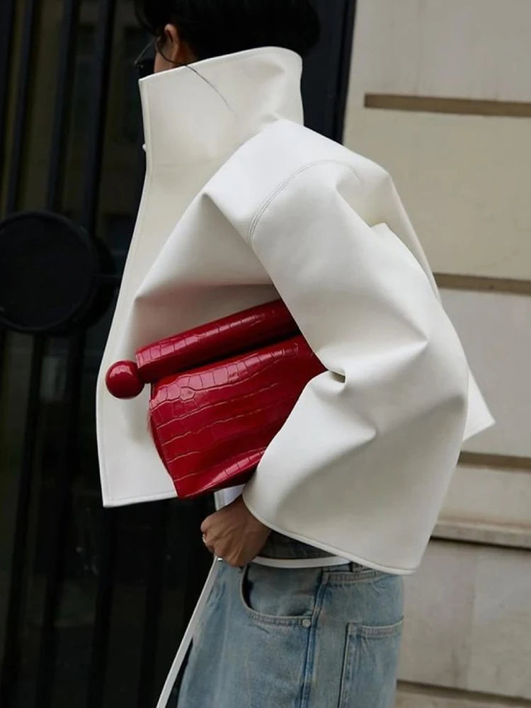 Fashion Loose Solid Coat Women Street White Pu Leather Full Sleeve Stand Collar Jackets Female 2026 Summer Autumn Lady Outerwear