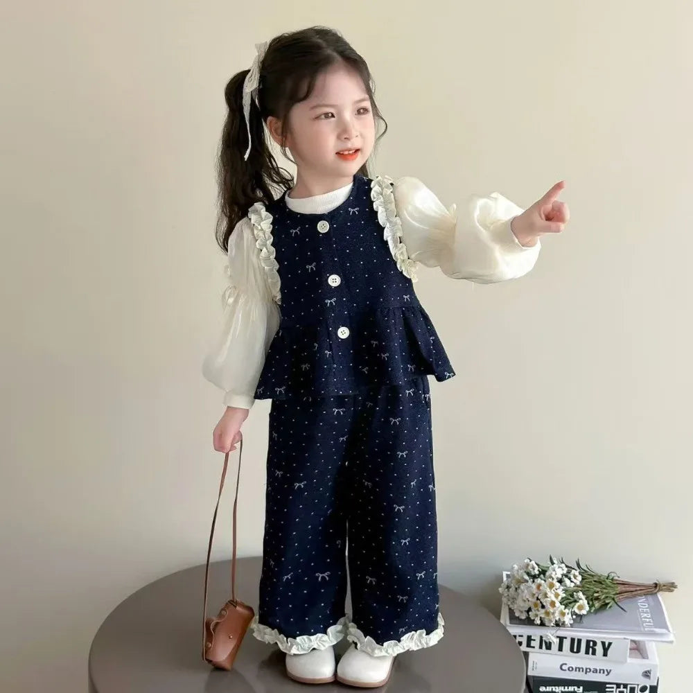 Bear Leader Children's Clothing Autumn Imitation Denim Ruffle Girls Clothes Bow Printed Vest+Long Sleeved Shirt+Pants 3 Pcs Set