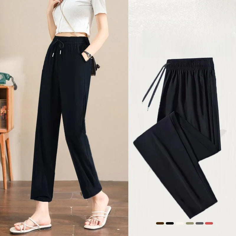 Pantalon de Sport Femme en Soie Glacée – Taille Haute, Jambes Droites, Séchage Rapide