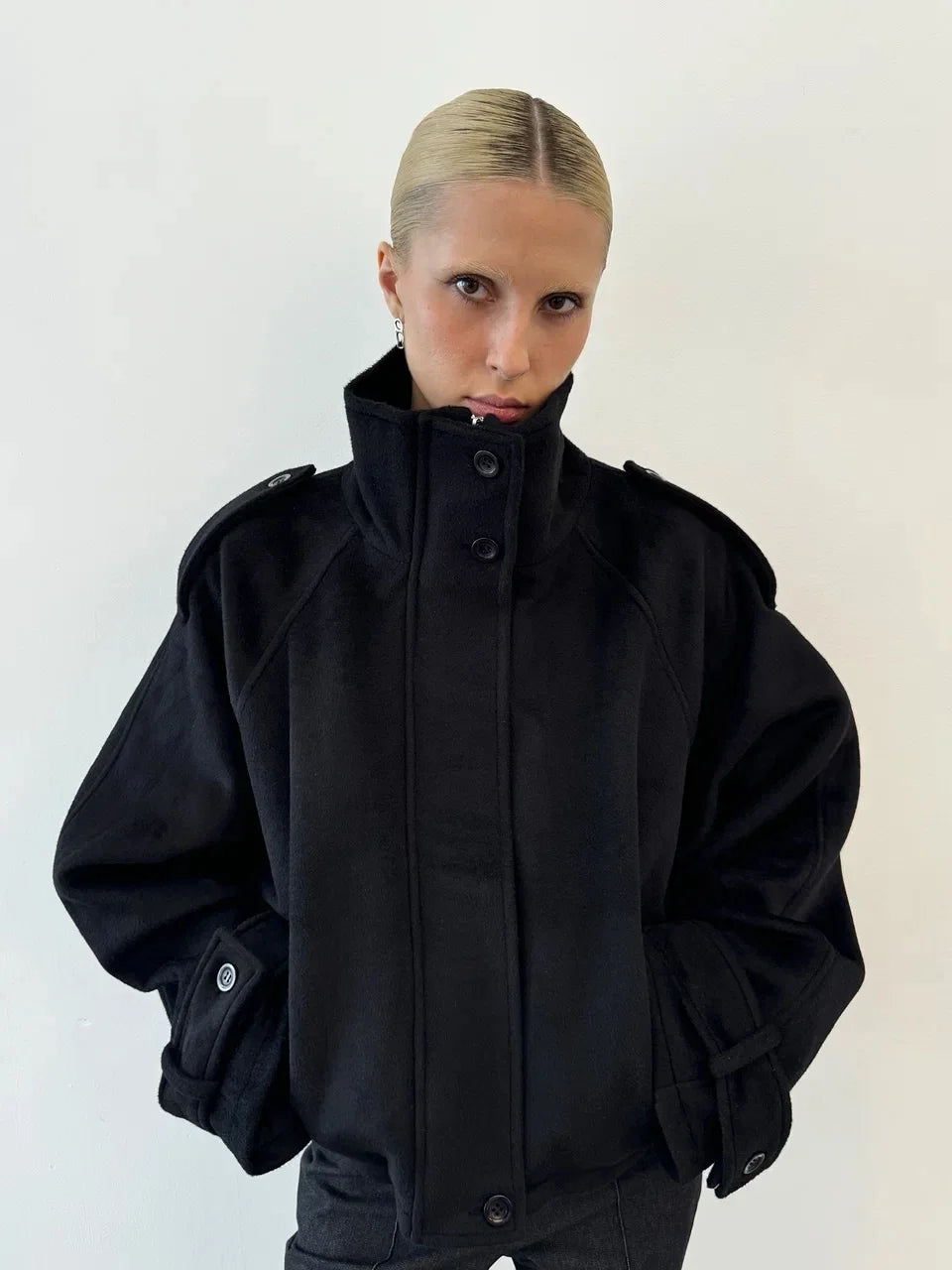 Chic Stand Collar Women Short Woolen Coat Solid Zipper Single Breasted Pocket Jacket 2026 Spring Autumn Lady Outwear High Street