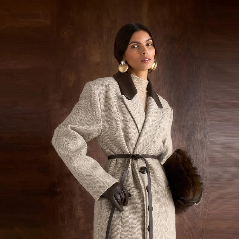 Fashion Waist Cinching Woolen Long Coat For Women Lapel Long Sleeve Single-breasted Coat With Belt New Lady Commuter Outwears
