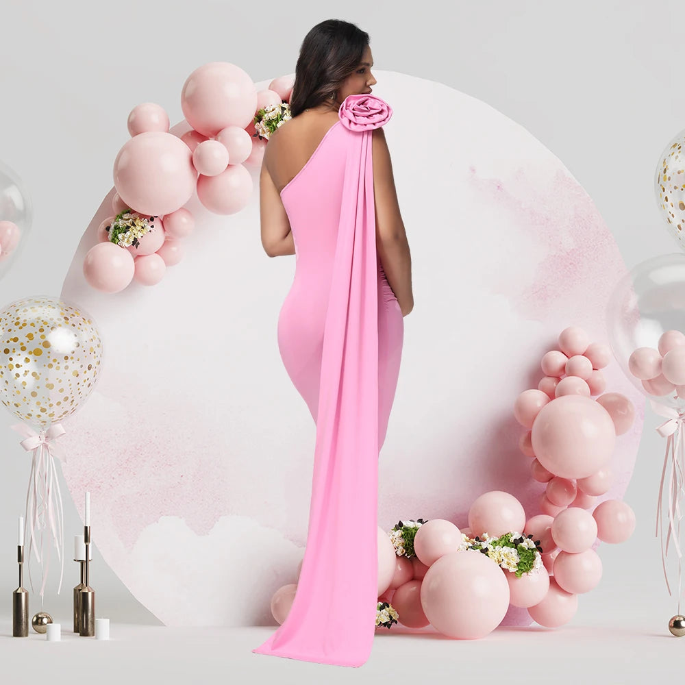 Maternity One Shoulder 3D Floral Floating Sleeve Bodycon Summer Midi Dress for Baby Shower Photoshoot