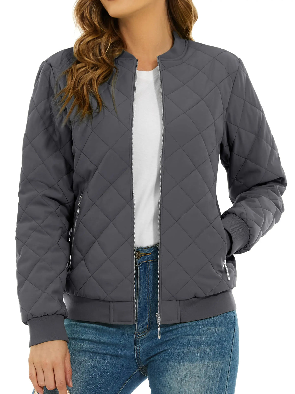 TACVASEN Padded Warm Jackets Womens Fashion Retro Pilot Jacket Diamond Quilted Coats Full Zip Up Pockets Casual Outwear