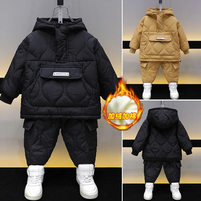 Winter Children Clothes Sets Kids Boys Girls Hooded Warm Cotton Velvet Pullover Coats Outerwear+Pants 2Pcs Snowsuits New1-8Y