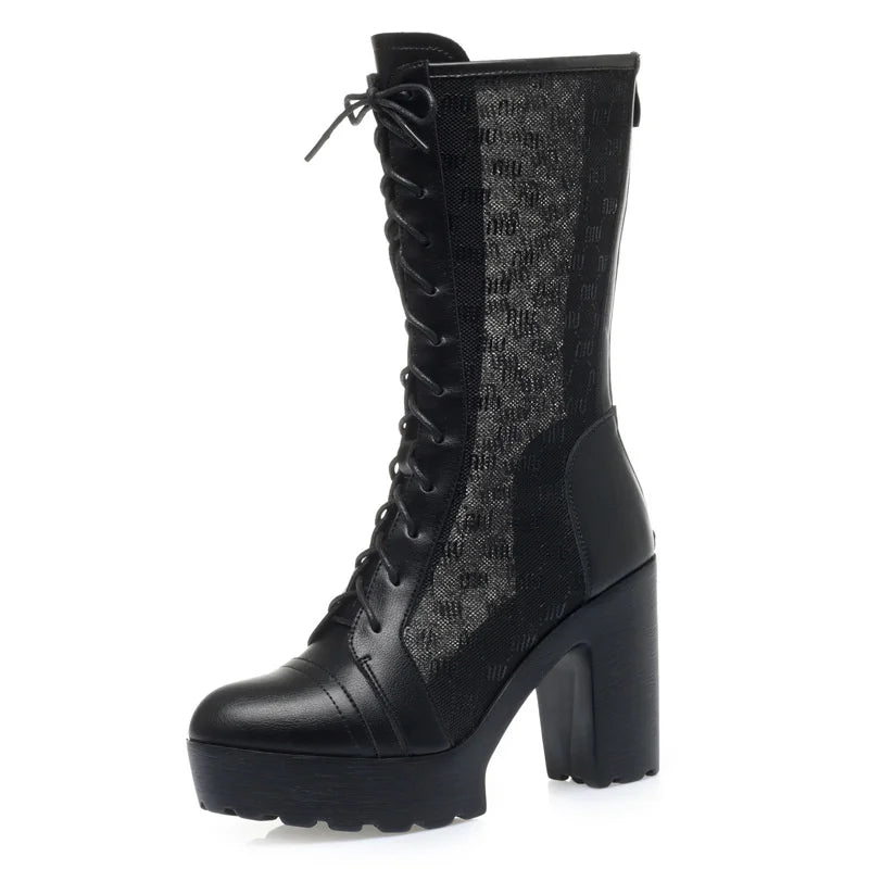 Women Mesh Fashion Black High Heel Platform Boots Spring Summer Modern Comfortable Soft Leather Thick Sole Mid Calf Boots