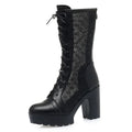 Women Mesh Fashion Black High Heel Platform Boots Spring Summer Modern Comfortable Soft Leather Thick Sole Mid Calf Boots