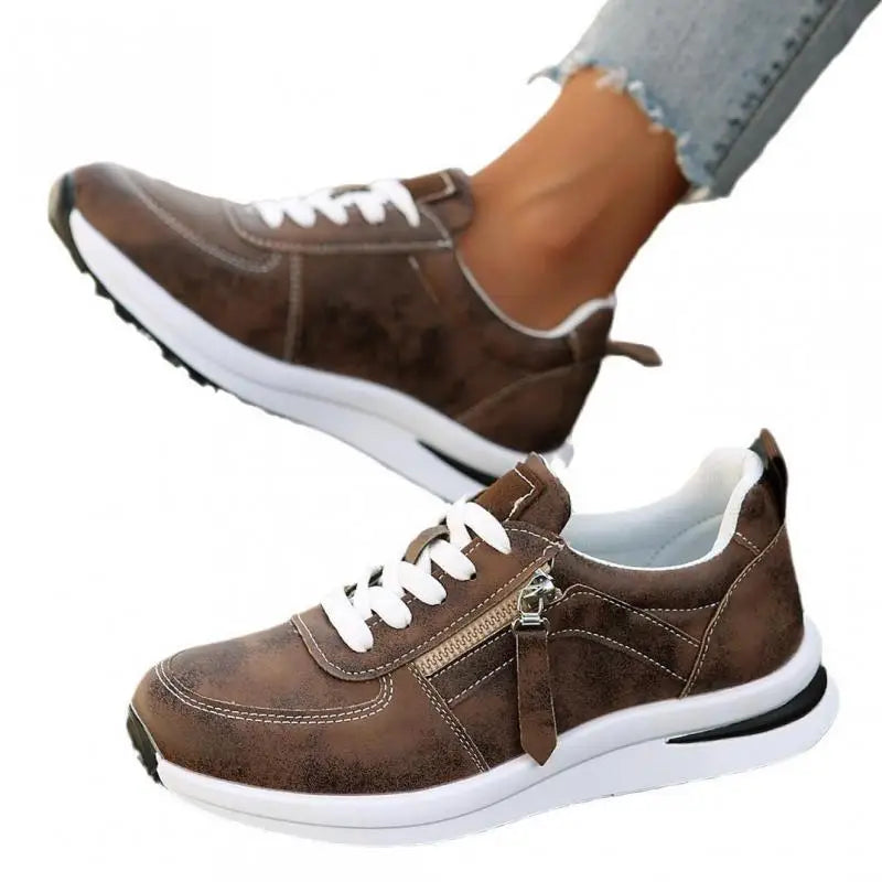 Spring Brown Leather Platform Sneakers Women Comfortable Lace Up Thick Sole Sports Shoes Woman Casual Slip On Vulcanize Shoes