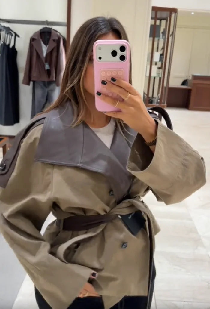 Women Cropped Trench Coat Faux Leather Spliced Epaulets Belted Waist Loose Fit Khaki Short Jacket Vintage 2026 Ladies Outerwear