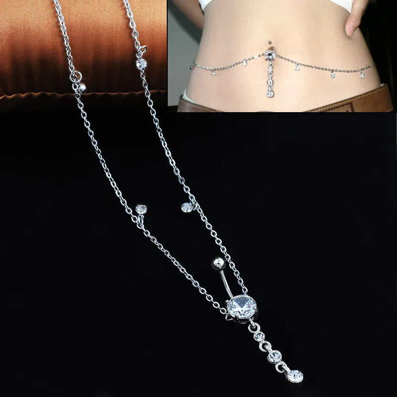 Chaîne de Taille Strass Zircon & Anneau Piercing Nombril – Bijou Body Chain Tendance