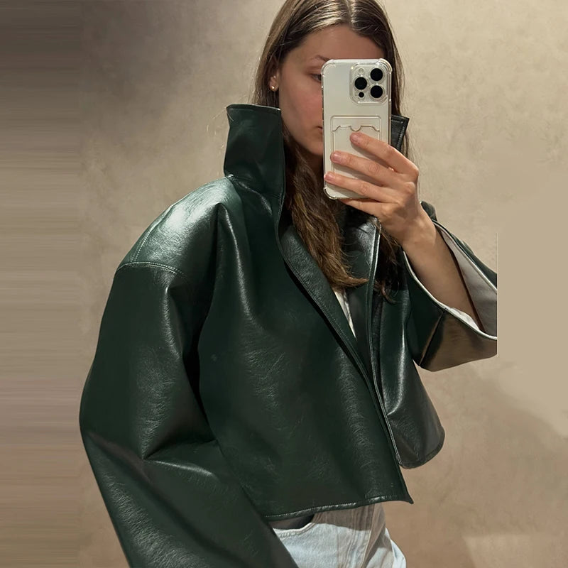 Fashion Loose Solid Coat Women Street White Pu Leather Full Sleeve Stand Collar Jackets Female 2026 Summer Autumn Lady Outerwear