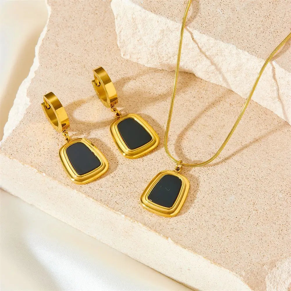 wholesale prices 18K Gold Plated trapezoid Perfume Bottle Pendant Necklace Earring Stainless Steel Jewelry Set For Women