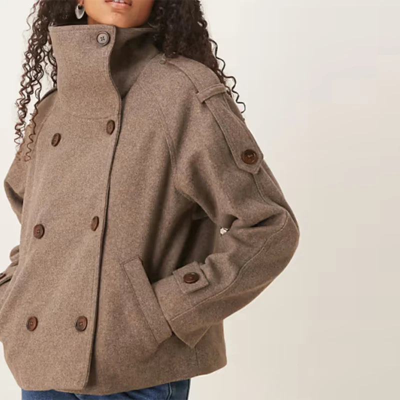 Elegant Solid Woolen Coats Women Solid Full Sleeve Double Breasted Loose Stand Collar Jackets Female 2026 Spring Lady Outwears