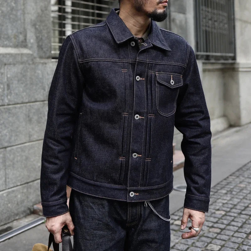 Veste en Jean Selvedge Homme – Denim Indigo 18 Oz, Coupe Régulière, Style Vintage Motard