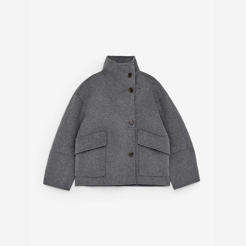 Elegant Solid Woolen Coats Women Solid Full Sleeve Double Breasted Loose Stand Collar Jackets Female 2026 Spring Lady Outwears