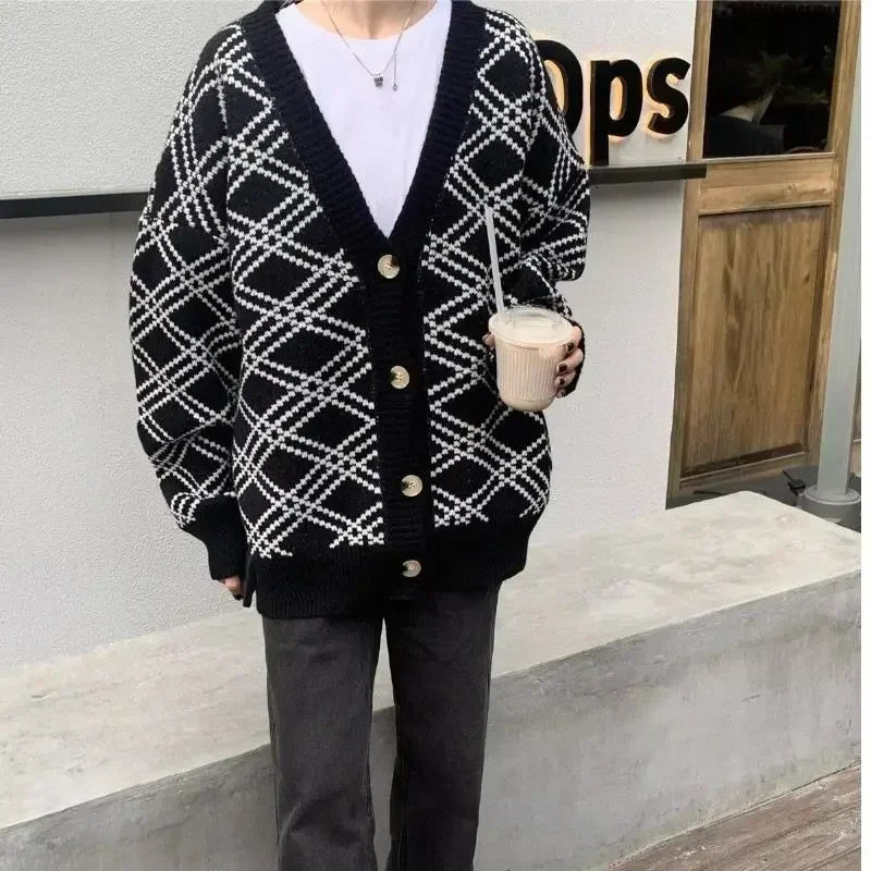 Pull en Maille à Carreaux Homme – Style Veste, Noir & Tendance, Confort Automne-Hiver