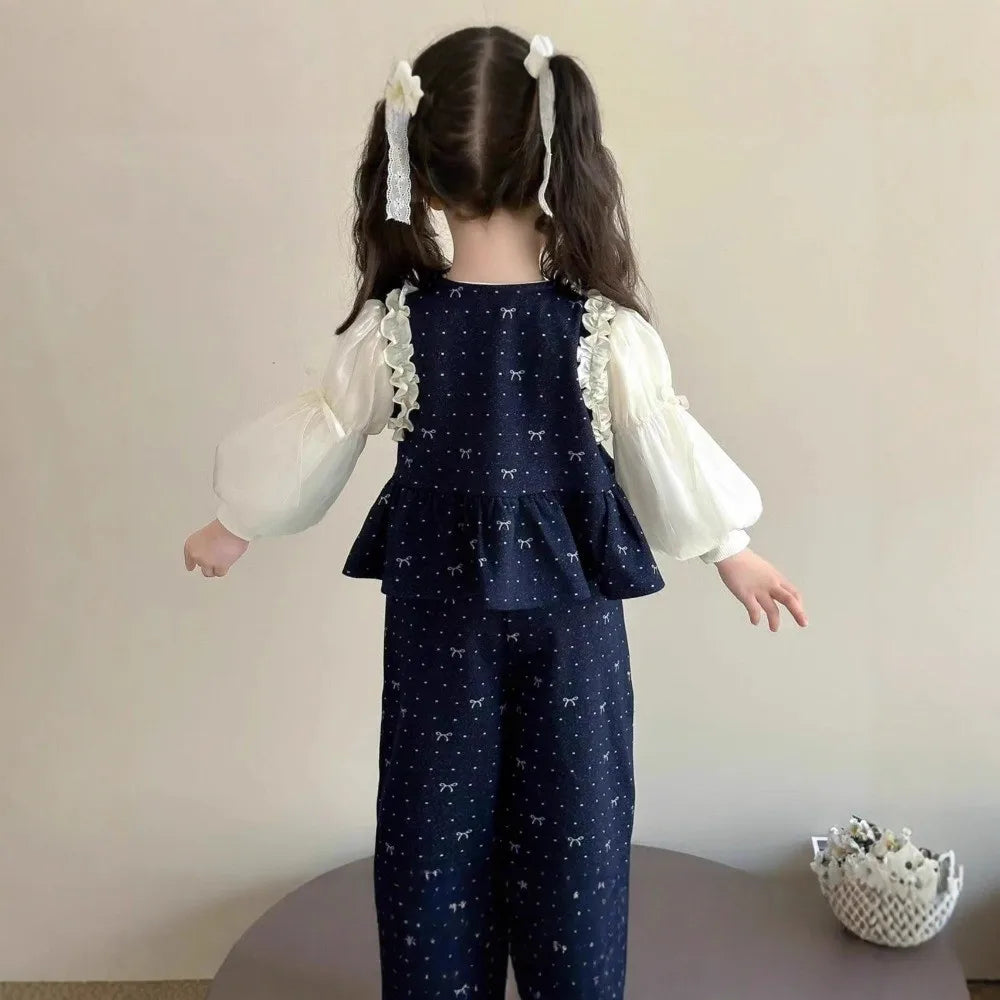 Bear Leader Children's Clothing Autumn Imitation Denim Ruffle Girls Clothes Bow Printed Vest+Long Sleeved Shirt+Pants 3 Pcs Set