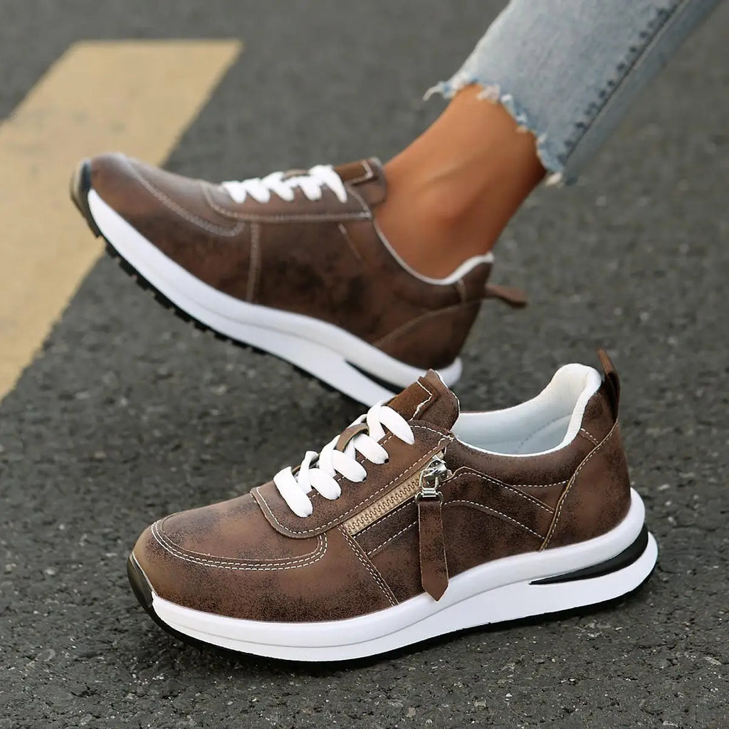 Spring Brown Leather Platform Sneakers Women Comfortable Lace Up Thick Sole Sports Shoes Woman Casual Slip On Vulcanize Shoes