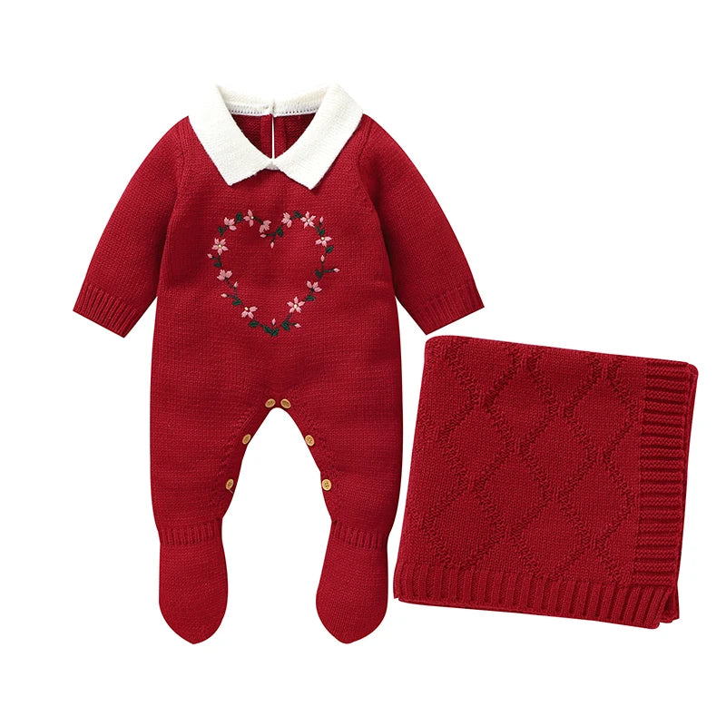 Newborn Baby Romper Blankets Set Knitted Infant Long Sleeve Jumpsuit +Quilt Fashion Solid Soft Toddler Clothes Bedding 2PC 0-9M